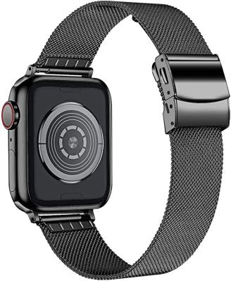 China Replacement Watch Bands Stainless Steel Mesh Milanese Strap With Black Folding Buckle Adjustable Metal Wrist Strap For Apple Watch 38mm 44mm for sale