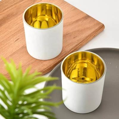 China Home Decoration Empty Plated Glass Candle Jar 320ml Round Matte White Glass Candle Holder Upright With Label Customized for sale