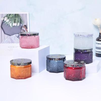 China Home decoration embossed luxury scented decorative votive glass candle holder glass embossed candle jar for sale