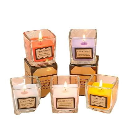 China Wholesale Home Decoration Square Gift Clear Art Glass Candle Holder Glass Jar for Wedding or Home Decoration for sale