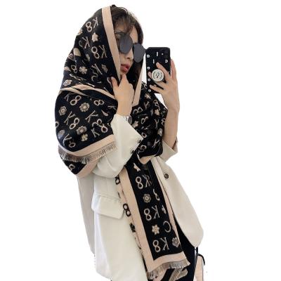 China European American women's winter cashmere scarf tassel double-sided cashmere thickened dual-function long warm shawl for sale