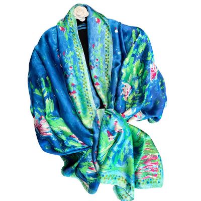 China Newest Chiffon Wrap Scarf Fashion Big Flower Printing Wensli Soft Silk Floral Striped Girls Silk Scarf for sale