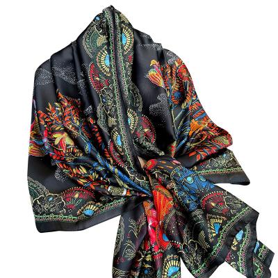 China 2021 New Design Hot Selling Silk Satin Scarf Fashion New Design Flower Printing Long Striped Silk Scarf Women for sale