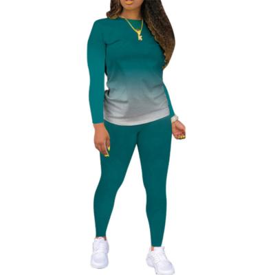 China No Fall Winter New Listing Women Running Sports Fitness Gradients Casual Quick-Drying Long Sleeve Shirt And Pant Two-Piece Set for sale