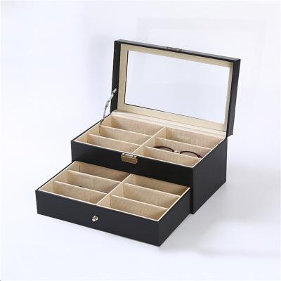 China Wooden Double Layer Sunglasses Optical Storage Box 12 Glasses Glass Case Black Case Sunglasses Display Storage Box and Glass Cloth for sale