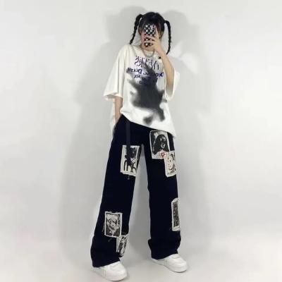 China 2022 new anti-static pasted Korean loose slim leg pants female graffiti autumn pattern jeans pants Central Institute of Statistics wide pants for sale