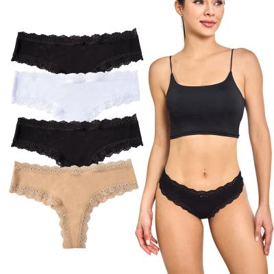 China Wholesale Ready Made Sexy Women's Thong Women's Panties Cotton Thong Antibacterial With Lace On The Leg Opening for sale