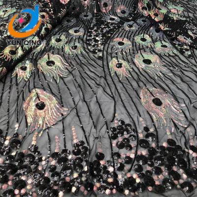 China Factory outlet viable African black stretch sequin material fabric color dress embroidery lace mesh fabrics for women 5 bric-a-brac sales for sale