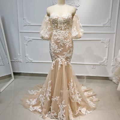 China Jancember OEV-L4299 Champagne Embroidery Lace Sweetheart Prom Sleeveless Anti-Static Mermaid Evening Dress for sale