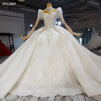 China Jancember HTL2307 Breathable Classic Short Puff Sleeve Beaded Wedding Bride Vestido De Noiva Gown for sale