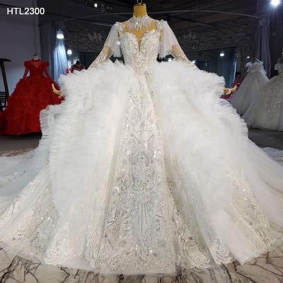 China Jancember HTL2300 Anti-Static Luxury Illusion High Neck Beaded Sequin Long Sleeve Wedding Bridal Dress for sale