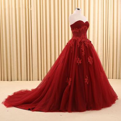 China RSM66168 Breathable Real Rope Lace Tulle Lace Up Back Bridal Gown Dresses Burgundy Strapless Ball Gown for sale