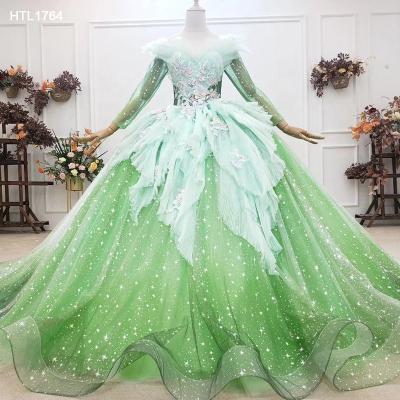 China Jancember HTL1764 High Quality Anti-static Green Elegant Extended Ball Gowns For Women Party Dresses for sale