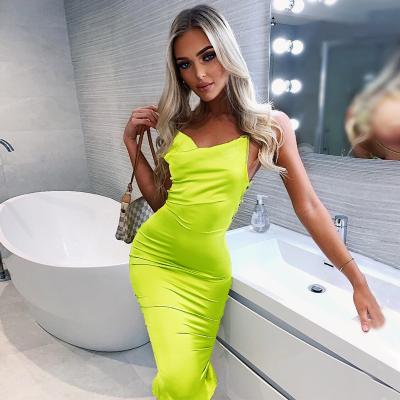 China 2022 Summer New Arrivals Anti-Static Party Club Dress Backless Lace Pencil Same Sleeveless Satin Bodycon Dress for sale