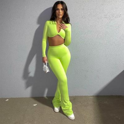 China Autumn Winter Women 2022 QUICK DRY 2 Piece Long Sheath V Neck Crop Tops Flare Pants Set Sportswear Streetwear Tracksuit Team for sale