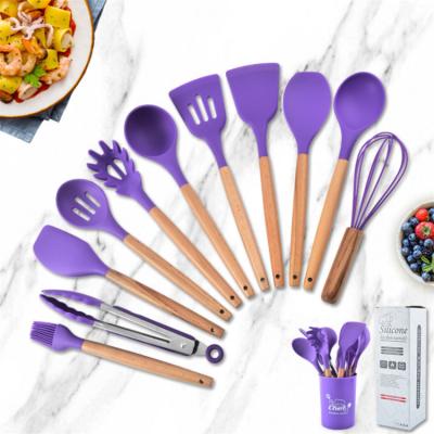 China Sustainable Kitchenware Heat Resistant Wooden Silicone Kitchen Cookware Sets for sale