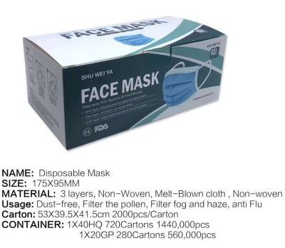 China Ce Fda Certificate 3ply Non-Woven Fabrics Earloop Disposable Face Mask for sale