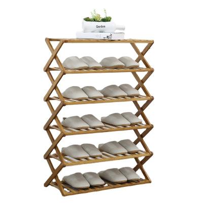 China Contemporary Hot Sale 4-Tier Folding Shoe Racks Wooden Bamboo Stackable Shoe Storage Racks for sale