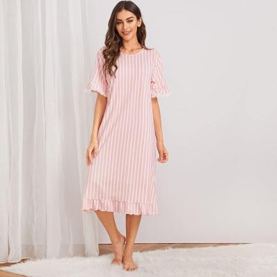 China Factory hot sale QUICK DRY milk women nightgown stripe lace edge pink silk comfortable pajamas for sale