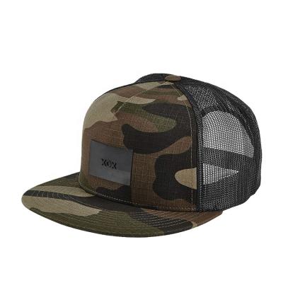 China COMMON Custom Women Men Women Cool Brim Design Mesh Trucker Cap Camouflage Flat Trucker Hats With Rubber Patch for sale