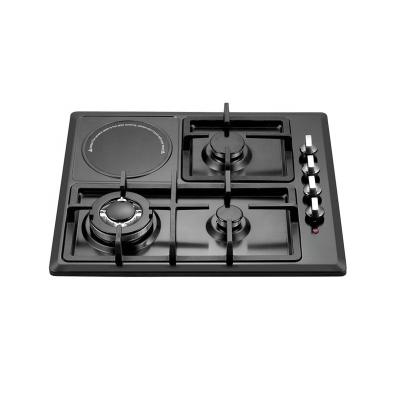 China Hotel Zhongshan Cooktop Black Stainless Steel Panel Kitchen 3 Burner Gas Hob and 1 Electric Griddle for sale