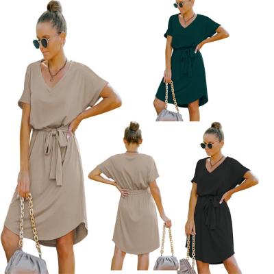 China 2022 Summer New High Waist Solid Color Short Sleeve Dress Breathable Foreign Trade Women's Wear Short Skirt for sale