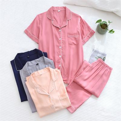 China Men's and women's home wear QUICK-DRY pajamas couples silk thin comfortable short sleeve suit for sale