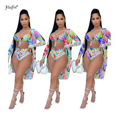 China 2021 Fashion Breathable Women Print Cardigan Beach Wear Summer Bohemian Coat Swimwear Surfing Slim Bikini Color Block Along 3 Piece Sets for sale