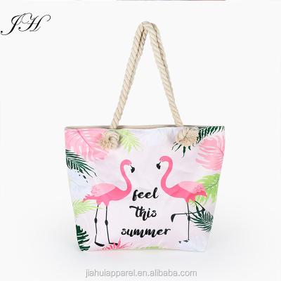 China Durable In Running Large Capacity Ladies Handbag Shoulder Beach Bag Flamingo Canvas Tote Bag for sale