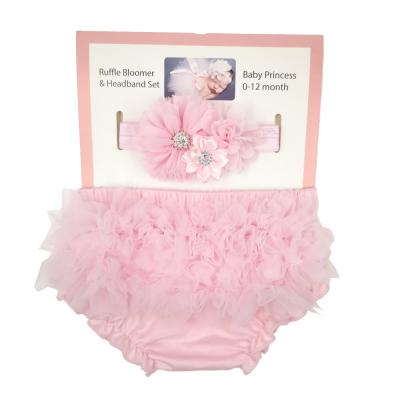 China Viable Hot Sale Baby Lace Ruffle Shorts Headband Pale Pink Ruffle Bloomer &Headband Set For Photography Props for sale