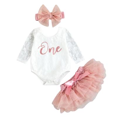 China Brand New Anti-Shrink Baby Clothes Girls My First Birthday Outfits Floral Headband Baby Skirt Tutu Romper Cute Long Sleeve Lace Set for sale