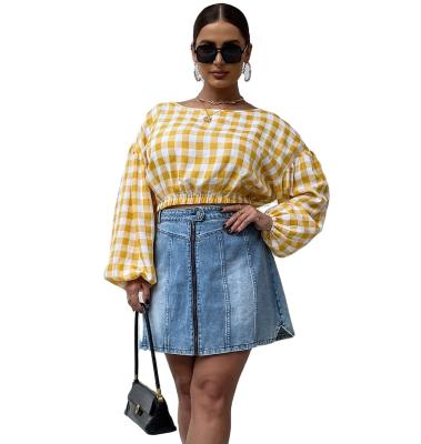 China Hot sale QUICK DRY elegant yellow plaid long lantern sleeves plus size blouses for women for sale