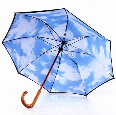 China Cheapest traditional bluesky cloud logo cane style double layer stick parasol digital printing umbrella with j curved wooden handle for sale