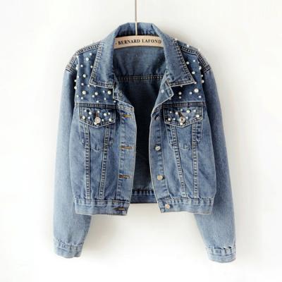 China Breathable Plus Size Beads Blue Denim Jacket Women Short Denim Coat Ladies Bike Jackets Woman Clothing for sale