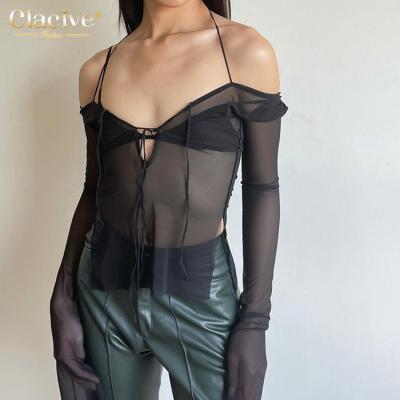 China Anti-Wrinkle Clacive Trends Irregular News See Through Mesh Black Halter Sexy Tops Long Sleeve Women's T-Shirts for sale