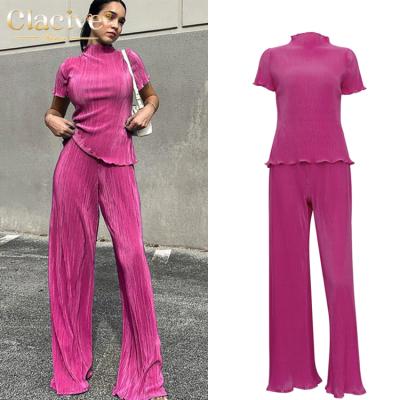 China Wholesale QUICK DRY Fashion Pink Clacive Summer Casual Skinny Short Sleeve T-Shirt Outfits Pleated 2 Piece Pants Two Piece Set for sale