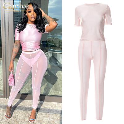 China Clacive 2022 New Arrivals QUICK DRY Spring O-neck Short T-shirt Spring Pink Sleeve Skinny Casual Two-Piece Pants Set Women for sale