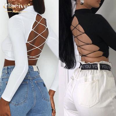 China Clacive Autumn Streetwear Clothing Ladies 2021 Backless Women Tshirts Long Sleeve Breathable Bandage Crop Tops for sale