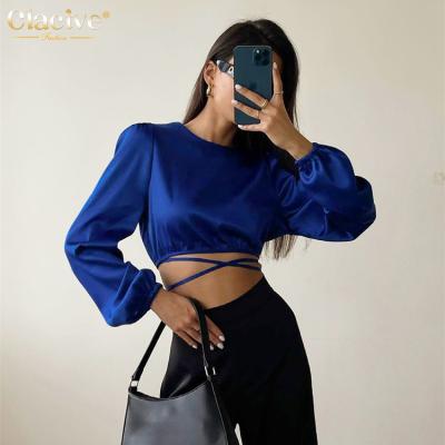 China Clacive Bodycon Breathable Hot Sale Backless O-neck Crop Top Elegant Slim Long Sleeve Satin Shirts Women for sale