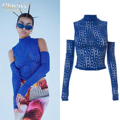 China Clacive Products Hot QUICK DRY Tortoise Neck Long Sleeve Top Fashion Mesh Casual Sexy Woman Tops Translucent Trendy Blue Slim Ladies for sale