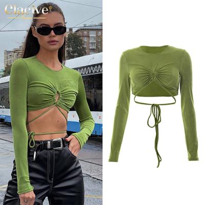 China Clacive Breathable 2022 New Arrivals O-Neck Green Lace Up Streetwear Ladies Long Sleeve Sexy T-shirt Crop Top For Women for sale