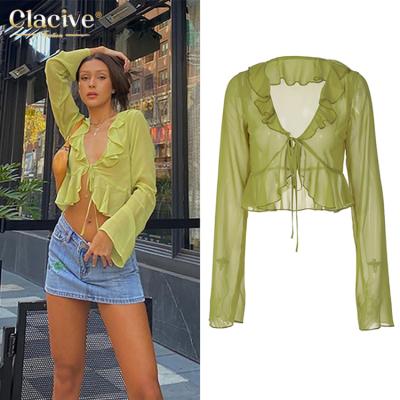 China Autumn Sexy Lace Up Fashion Green Blouse Street Style Fashion Green Blouse For Women for sale