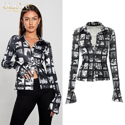 China Clacive Breathable 2021 Latest Design Turn-Down Collar Rocket Sleeve Print Women Blouse Black Office Lady Sexy Shirts For Women for sale