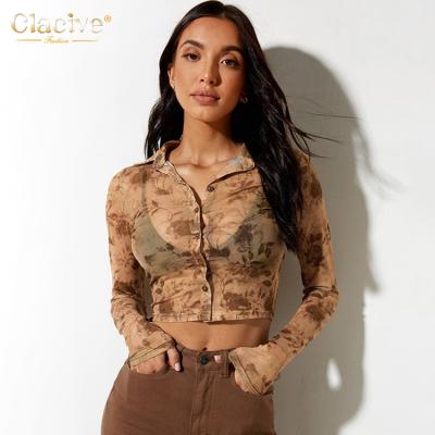 China Clacive Clothing Suppliers Elegant Lapel Mesh Print Women Shirts Fashion Long Slim Sleeve Ladies Breathable Blouses for sale