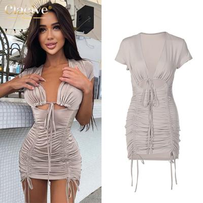 China Clacive Viable 2022 Spring New Arrivals Short Sheath Nude Sexy Drawstring Casual Dress Skinny Women Elegant for sale