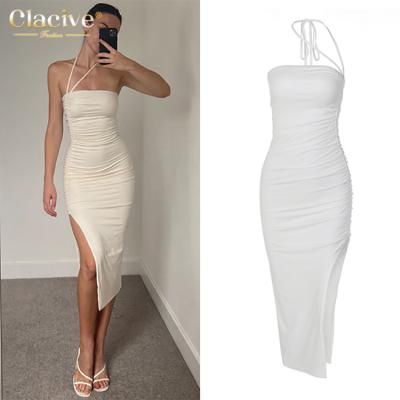 China Clacive Breathable Women's Clothing 2022 Summer White Ruched Casual Sexy Strapless Maxi Dress Women Backless Spring for sale