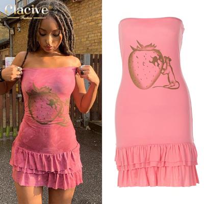 China Clacive Clothing Suppliers Summer Breathable Sleeveless Print Tube Top Pink High Street Bodycon Sexy Mini Dress Woman for sale