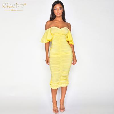 China Clacive 2021 Latest Breathable Design Open Shoulder Split Lace Up Women Bodycon Dresses Sexy Ruffle Office Lady Bodycon Dress for sale