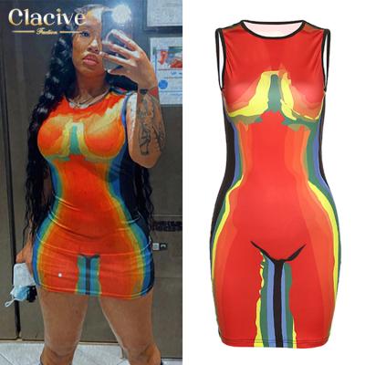 China Clacive Breathable Sleeveless Quick Delivery O-Neck Red Printing Sleeveless Red Print Bodycon Dresses Spring 2022 Spring Women S Slim Clothing for sale