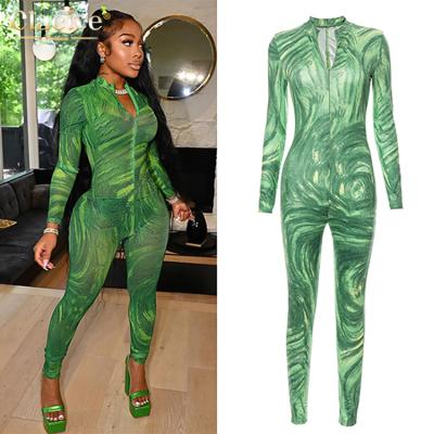 China One Piece Clacive Anti-pilling Delivery V-Neck Zipper Long Sleeve Jumpsuit Fashion Print Women Overalls Sexy Quick Stretch Bodycon Women for sale